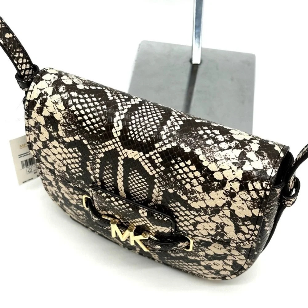 Michael Kors Small Reed Leather Saddle Crossbody Bag Snakeskin Nat/Light Cream - Picture 6 of 10